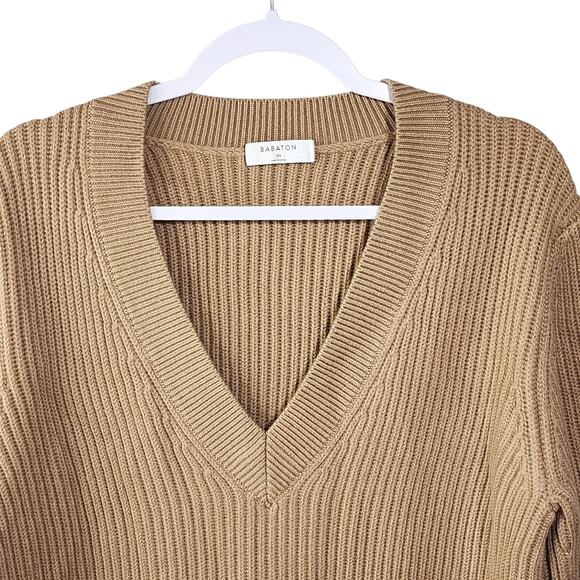 Aritzia Babaton Roger Sweater Merino Wool Tan Brown V Neck Ribbed Womens XS - Picture 4 of 11